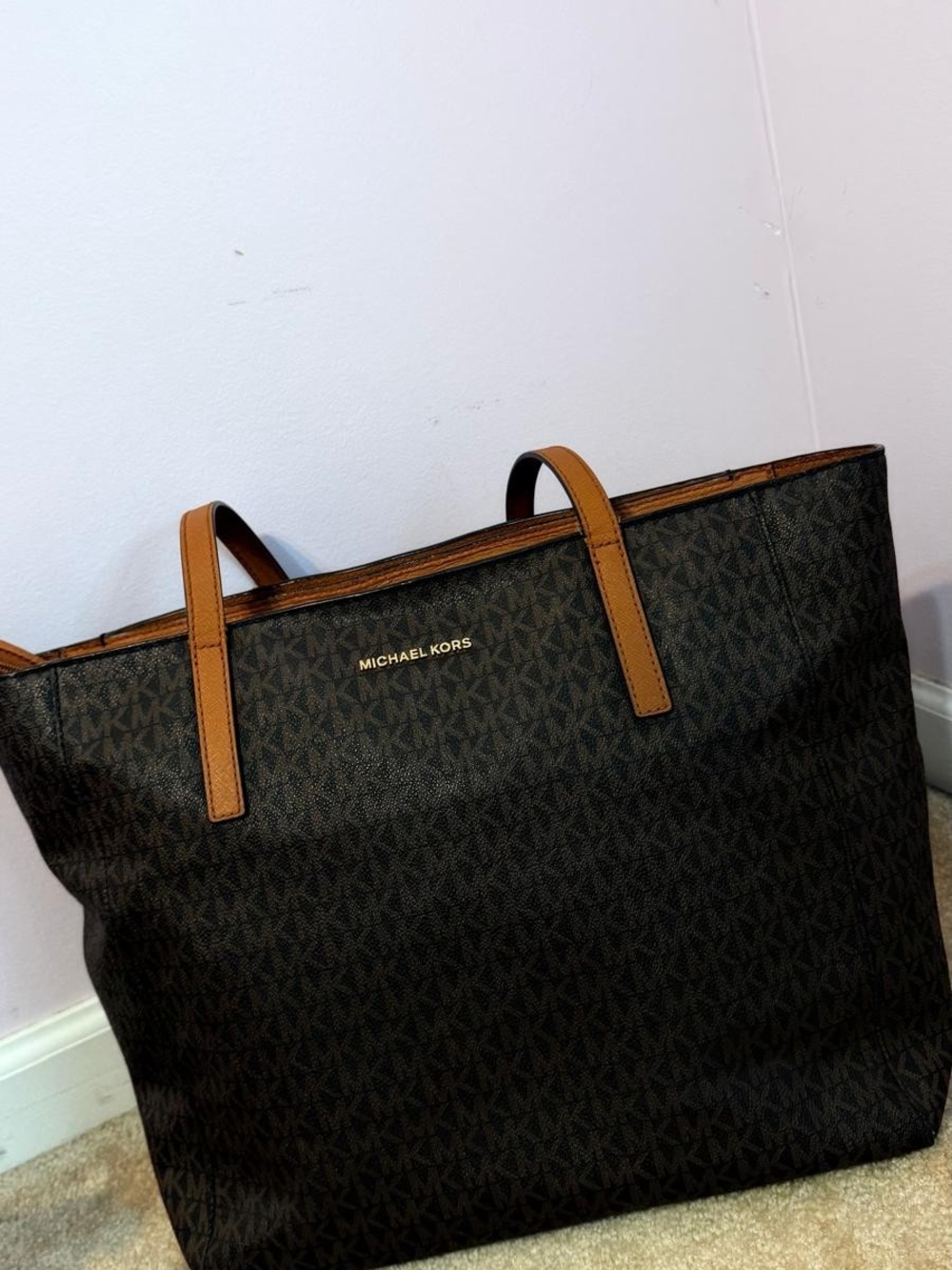 Michael Kors Black MK Logo Tote with Brown Trim